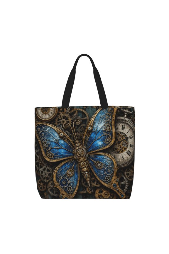 Steampunk Butterfly Gears Art Zippered Tote Bag Large Capacity Shoulder Handbag for Shopping, Work, Travel