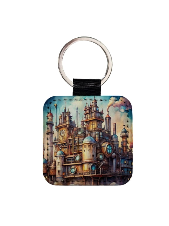 Steampunk Castle City Fantasy Sci-fi Faux Leather Square Keychain