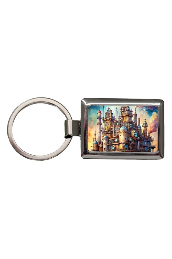 Steampunk Castle City Fantasy Sci-fi Metal Rectangle Keychain