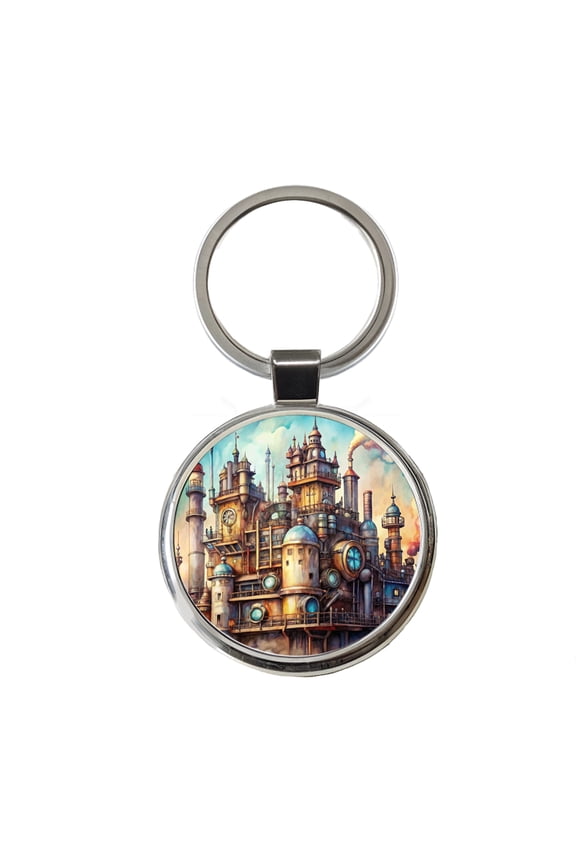 Steampunk Castle City Fantasy Sci-fi Metal Round Keychain