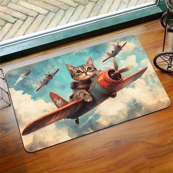 Steampunk Cat & Airplane Design Area Rug - Machine Washable, Non-Slip Polyester Floor Mat for Living Room, Bedroom, Kitchen, and Entryway Decor