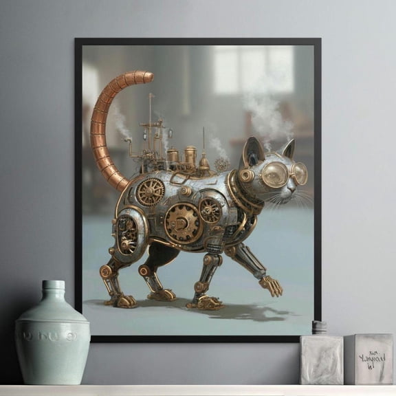 Steampunk Cat Art Print Robotic Feline Industrial Gears Cogs Mechanical Art, Unframed Canvas 8x10in