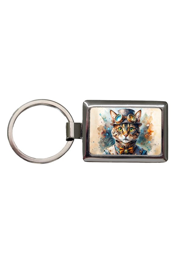 Steampunk Cat Hat and Goggles Watercolor Metal Rectangle Keychain