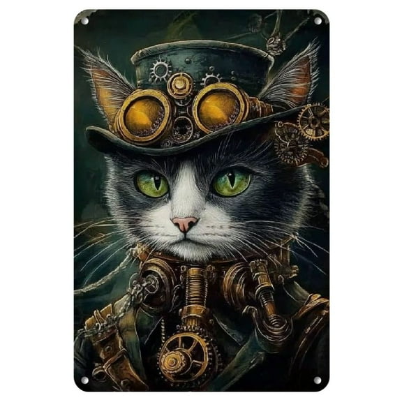 Steampunk Cat Iron Wall Art - 8x12 Inch Vintage Metal Sign with Top Hat and Goggles - Industrial Gear Decor for Home and Bar, Vintage Wall Decor|Whimsical Wall Art|Unframed Metal Sign, Cat Decor