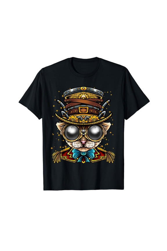 Steampunk Cat Retro Art Goth Gothic Punk Animal Design Black T-Shirt