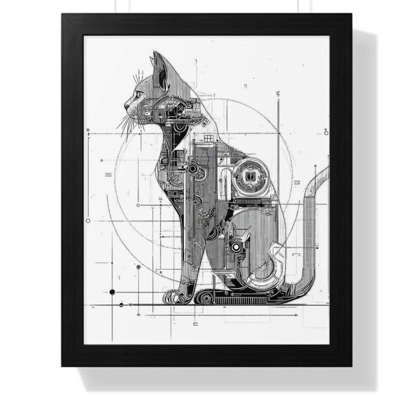 Steampunk Cat Technical Drawing Print Geometric Feline Sci-Fi Decor, Unframed Canvas 8x10in