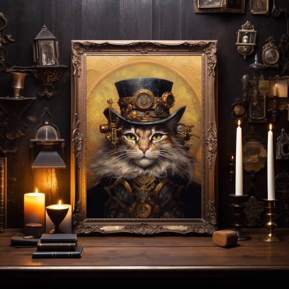 Steampunk Cat Wall Art Print, Industrial Feline Home Decor