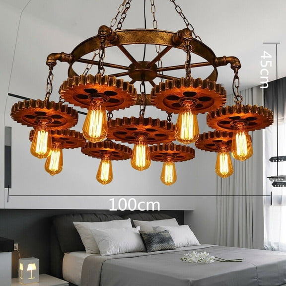 Steampunk Chandelier 9 Gears, Industrial Pendant Light, Rust Finish Iron Ceiling Lamp, E26 Base, for Dining Room Loft Bar, 39" L x 35" H