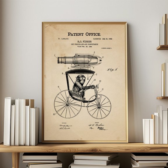 Steampunk Chimp Wall Art Print, Surreal Vintage Patent Style Decor Unframed Paper Print