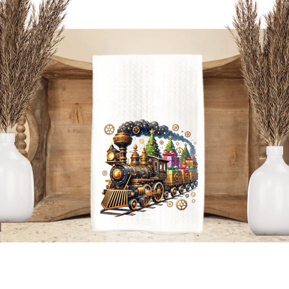 Steampunk Christmas Train Kitchen Dish Towel 16x24