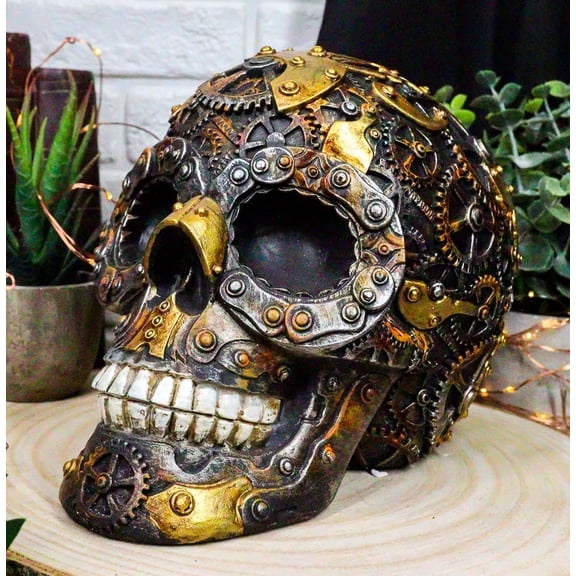 Steampunk Chronosphere Time Machine Geared Clockwork And Chains Skull Figurine