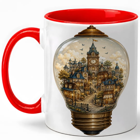 Steampunk City Light Bulb Coffee Mug, Vintage Clock Tower Fantasy Design, 11 oz Ceramic Cup
