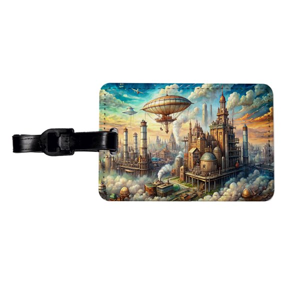 Steampunk City and Airship Fantasy Sci-fi Scene Faux Leather Travel Luggage Tag