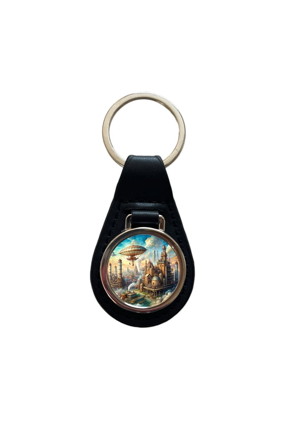 Steampunk City and Airship Fantasy Sci-fi Scene Metal Black Leather Keychain