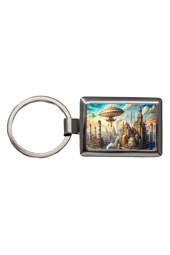 Steampunk City and Airship Fantasy Sci-fi Scene Metal Rectangle Keychain