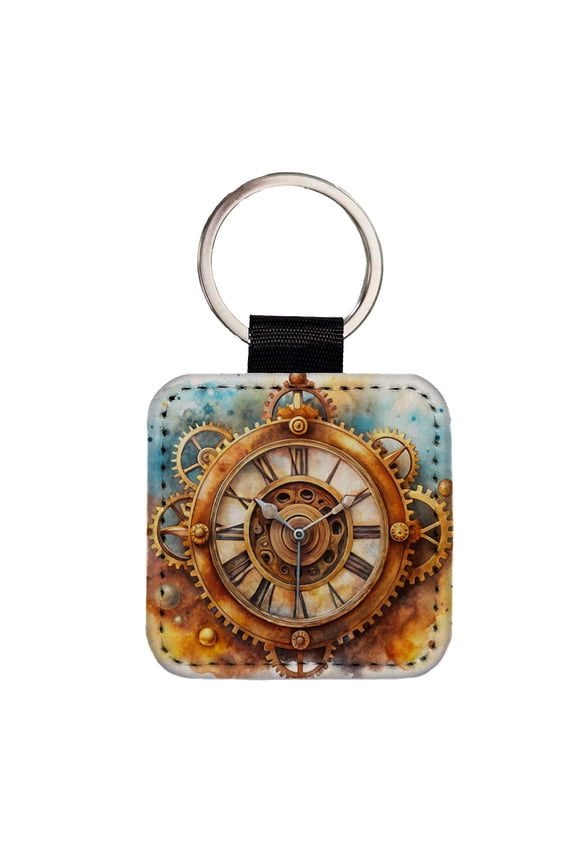 Steampunk Clock Fantasy Sci-fi Watercolor Faux Leather Square Keychain