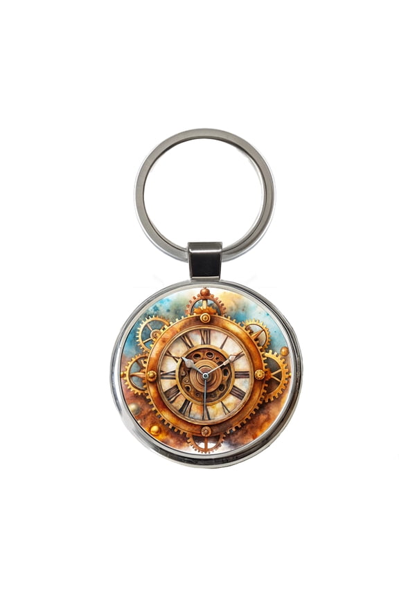 Steampunk Clock Fantasy Sci-fi Watercolor Metal Round Keychain