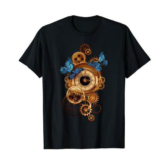 Steampunk Clock Gear and Butterflies Vintage Retro Aesthetic Cotton T-Shirt