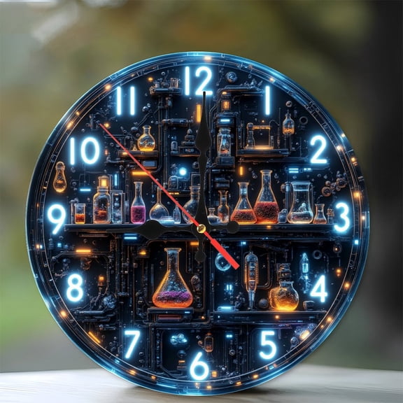 Steampunk Clock Lab Glassware Art 10-Inch Silent Wooden Wall Clock, Battery Operated (AA Batteries Not Included), Artistic Home Decor