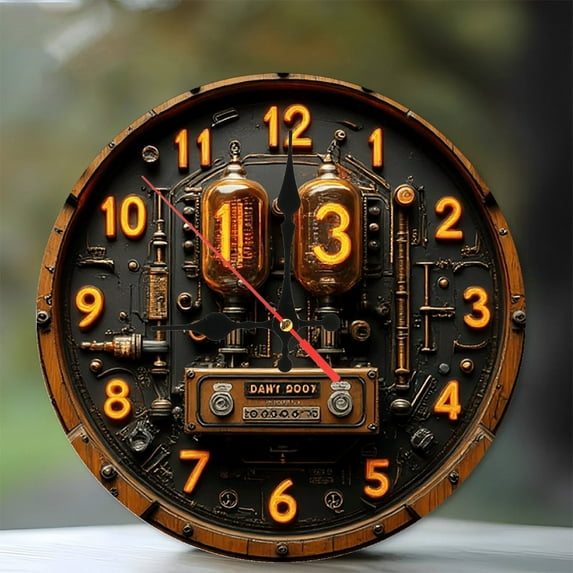 Steampunk Clock Nixie Tube Wall Clock Vintage Design 10-Inch Silent Wooden Wall Clock, Battery Operated (AA Batteries Not Included), Artistic Home Decor