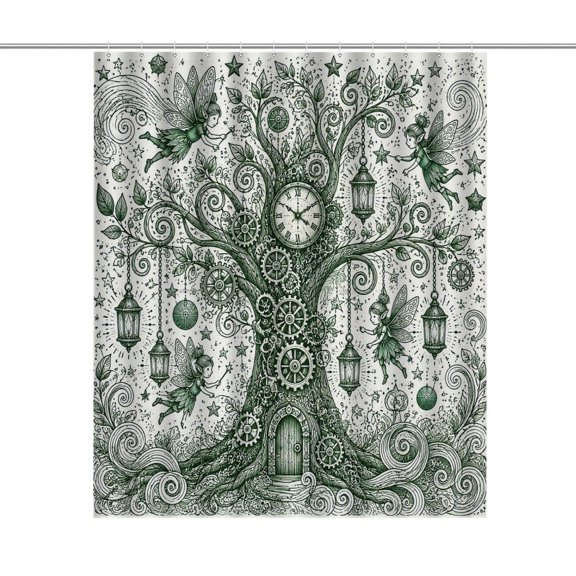 Steampunk Clock Tree With Fairies Print Shower Curtain,Cloth Fabric Waterproof Polyester Bathroom Home Decor Set with Hooks