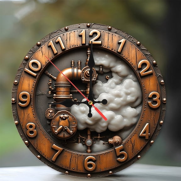 Steampunk Clock Wall Clock Copper Mechanical Design 10-Inch Silent Wooden Wall Clock, Battery Operated (AA Batteries Not Included), Artistic Home Decor