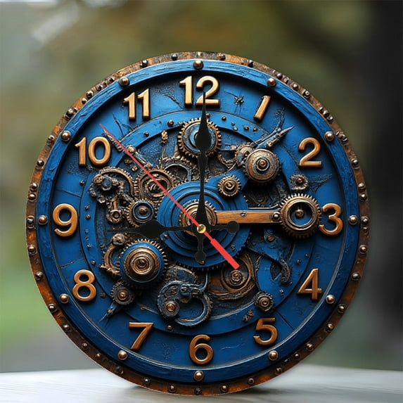 Steampunk Clock Wall Clock Gear Clock Blue Gold 10-Inch Silent Wooden Wall Clock, Battery Operated (AA Batteries Not Included), Artistic Home Decor