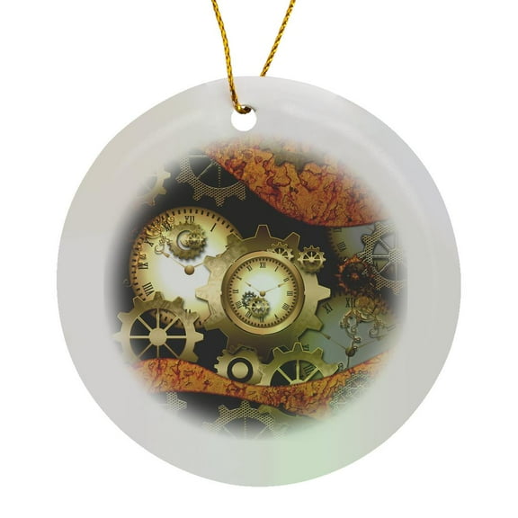 3drose, Steampunk, Clocks and Gears in Golden Colors, Circle Porcelain Ornament
