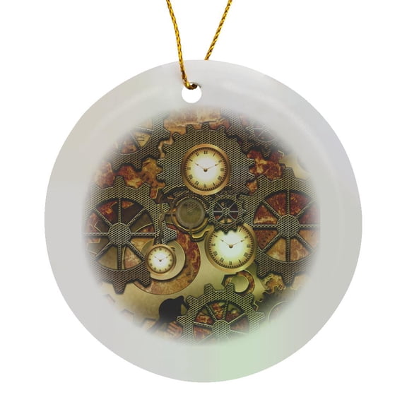 3drose, Steampunk Clocks Gears in Golden Design, Circle Porcelain Ornament