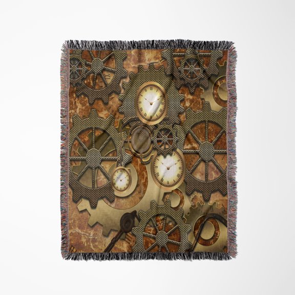 Steampunk Clocks Gears In Golden Design, Woven Blanket