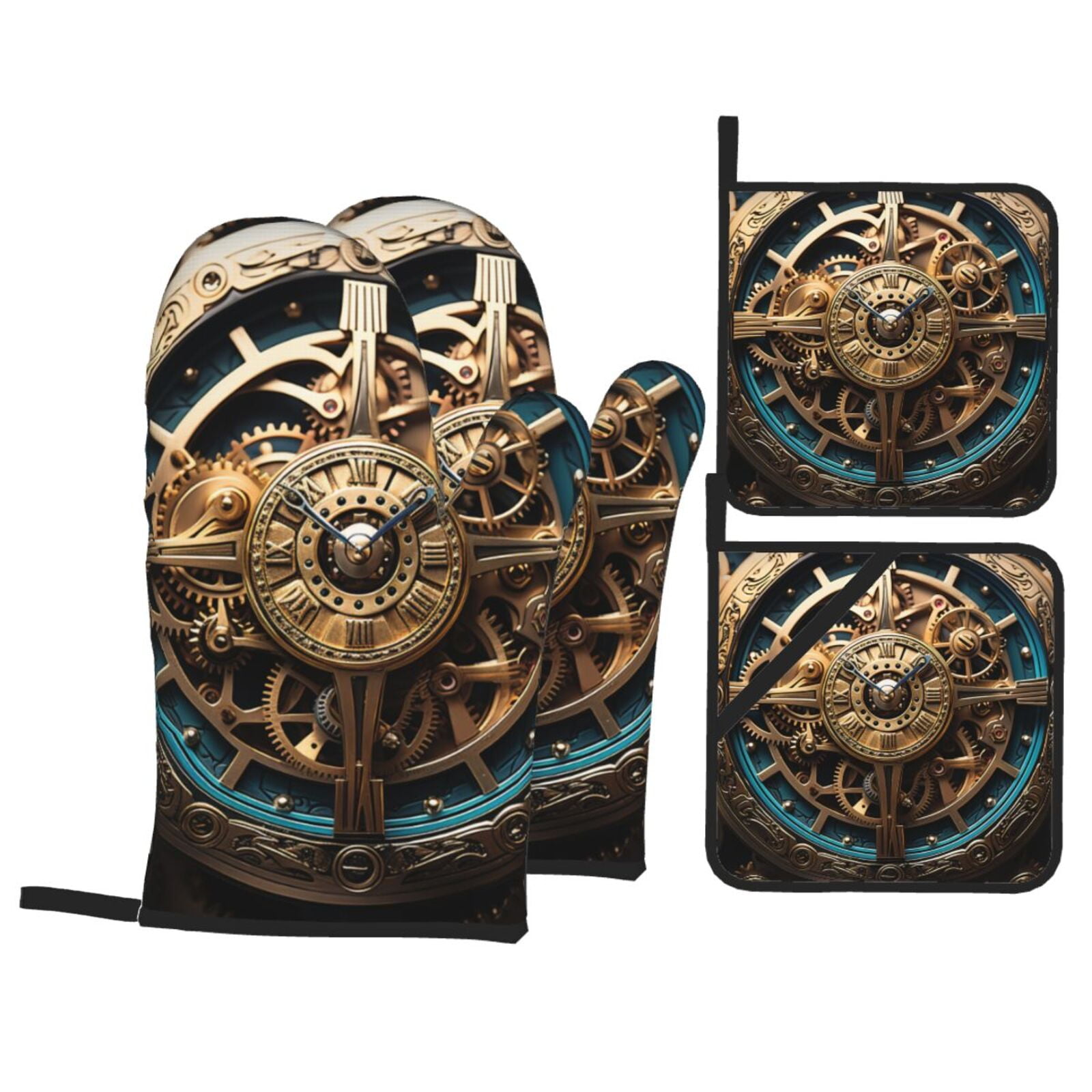 Steampunk Clockwork Wheels Art 4Pcs Oven Mitts and Pot Holders Sets Oven Kitchen Gloves Hot Pads for Cooking BBQ Baking Grilling
