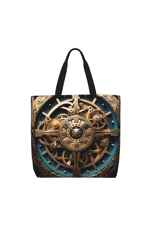 Steampunk Clockwork Wheels Art Zippered Tote Bag Large Capacity Shoulder Handbag for Shopping, Work, Travel