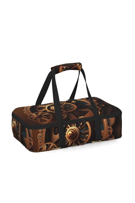 Steampunk Clockwork Wheels Insulated Casserole Carrier for Hot Cold Food, Bakeware Potluck Thermal Lunch Bag for Lasagna, Parties, Tailgating