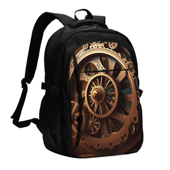 Steampunk Clockwork Wheels Laptop Backpack with USB Charging Headphone Port Casual Daypack Bag College Business Travel