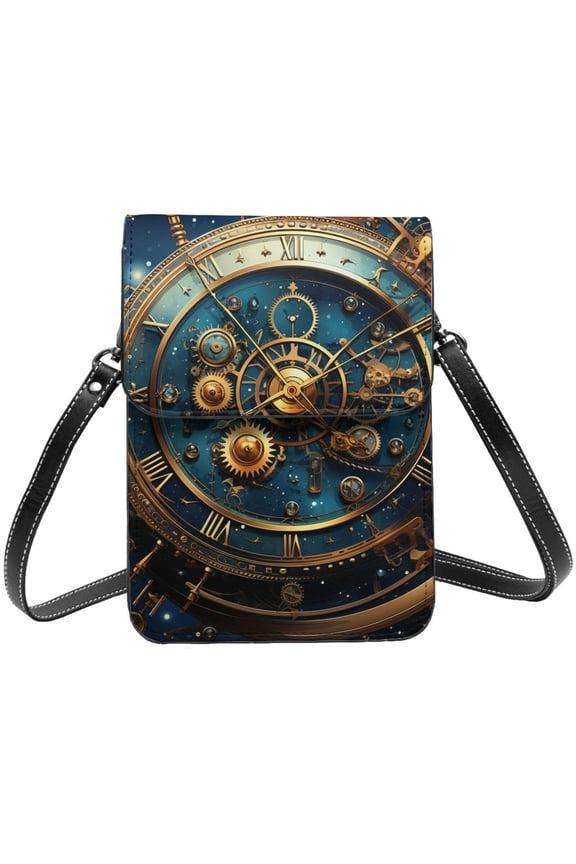 Steampunk Clockwork Wheels Starry Cell Phone Purse Small Crossbody Bag with Strap Credit Card Slots Leather Shoulder Wallet for Women