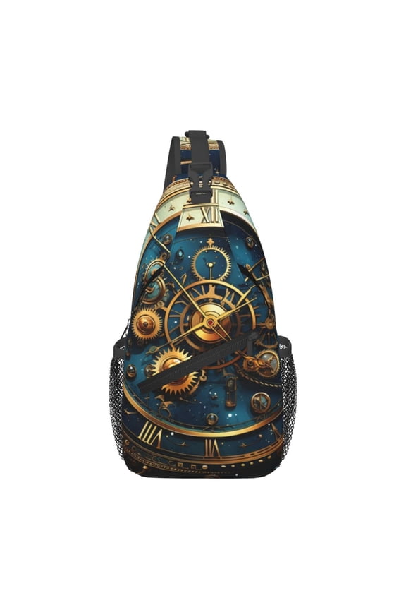 Steampunk Clockwork Wheels Starry Sling Backpack Shoulder Chest Crossbody Bag Causal Travel Hiking Daypack