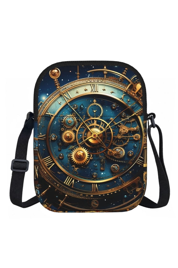 Steampunk Clockwork Wheels Starry Zipper Crossbody Bag Everyday Travel Pouch Adjustable Strap Commuter Bags