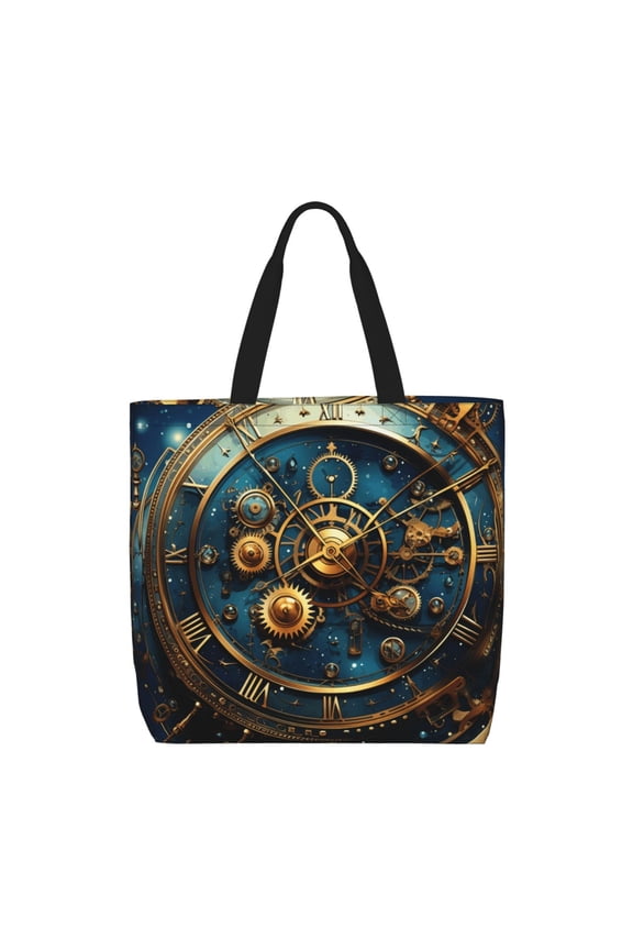 Steampunk Clockwork Wheels Starry Zippered Tote Bag Large Capacity Shoulder Handbag for Shopping, Work, Travel