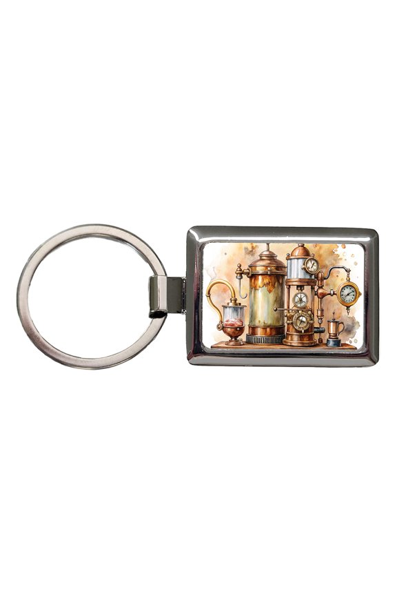 Steampunk Coffee Maker Fantasy Sci-fi Watercolor Metal Rectangle Keychain