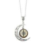 HOZXCLLE Steampunk Compass Pendant Necklace Vintage Compass Moon Glass Art Jewelry