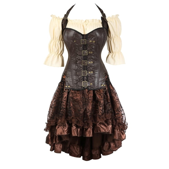 Steampunk Corset Bustier Tops with Skirt and Pirate Shirt party Set Brown 2XL
