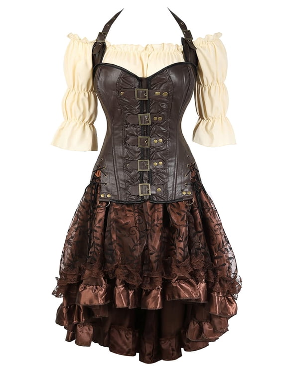 Steampunk Corset Bustier Tops with Skirt and Pirate Shirt party Set Brown 2XL