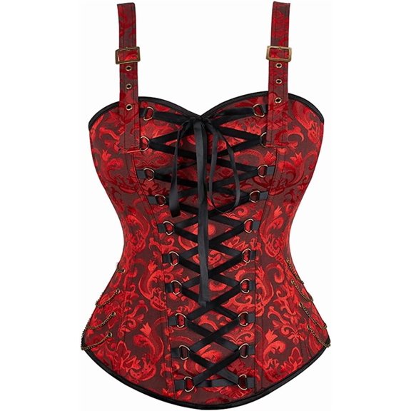 Steampunk Corset Tops for Women Bustier with Straps Pirate Costume Gothic Ladies Basques Wine Red XL