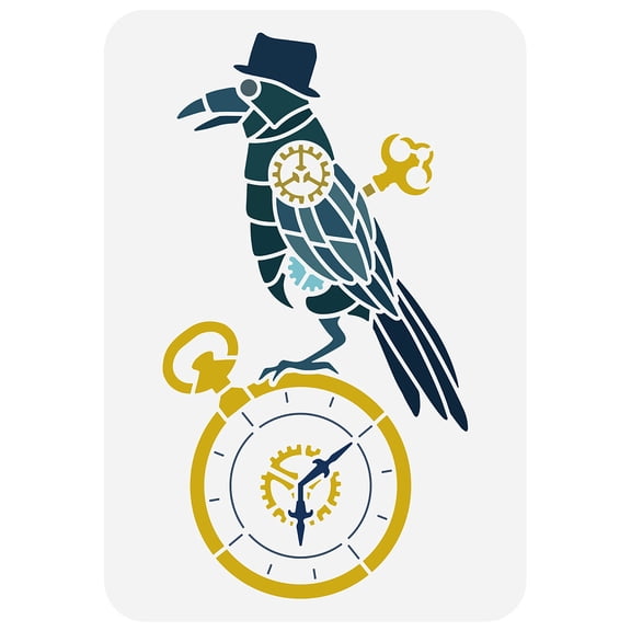 Steampunk Crow Stencil 8.3x11.7inch Hollow Out Painting Stencil Crow Drawing Template Spring Clock Pattern Stencil Mechanical Style Stencil for DIY