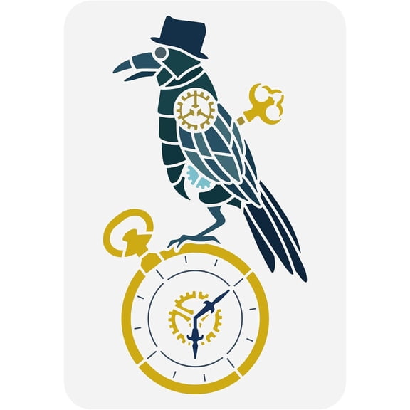 Steampunk Crow Stencil 8.3x11.7inch Hollow Out Painting Stencil Crow Drawing Template Spring Clock Pattern Stencil Mechanical Style Stencil