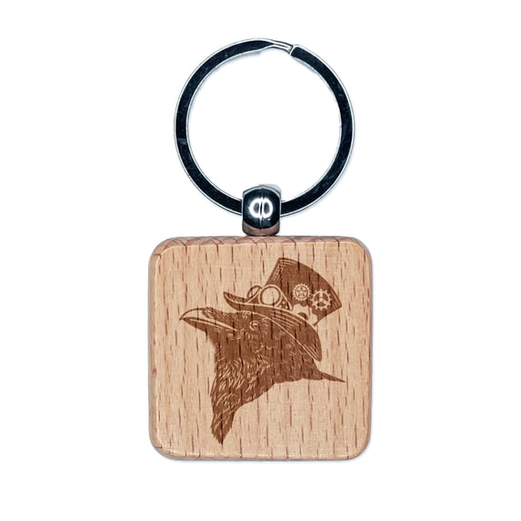 Steampunk Crow in Top Hat with Goggles and Gears Square Keychain Charm Tag - Engraved Wood