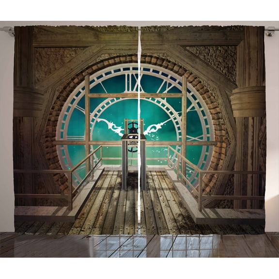 Ambesonne Steampunk Curtains 2 Panel Set, Fantasy Clock Tower, 108" x 90", Pale Brown Turquoise