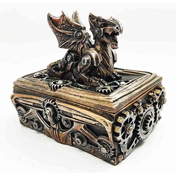 Steampunk Cyborg Robotic Growling Dragon Jewelry Box Figurine Statue