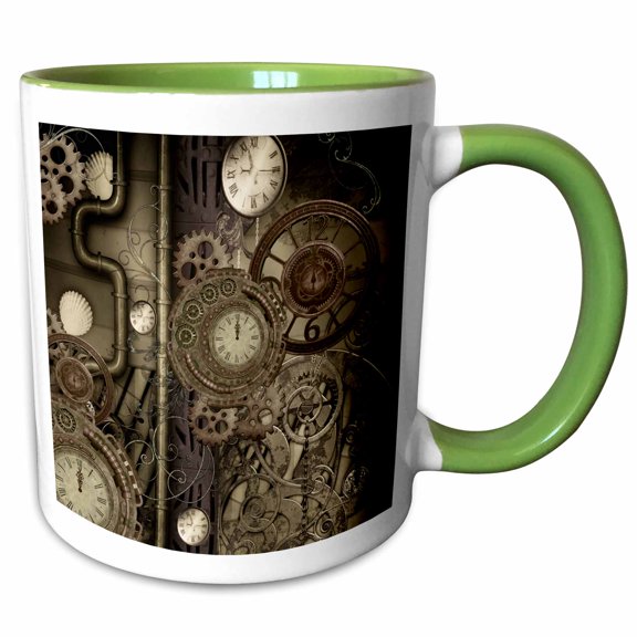 3drose, Steampunk Design, Clocks and Gears, 11oz Two-tone Green Mug