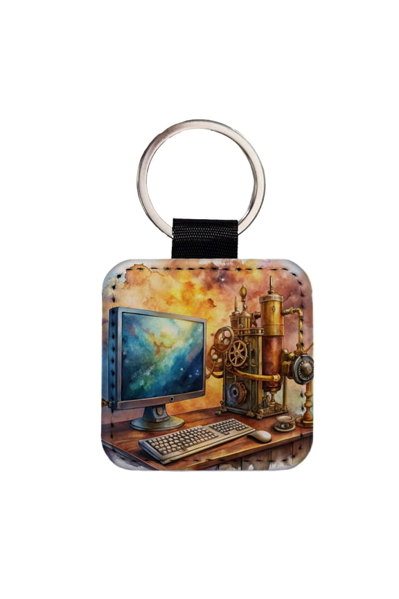 Steampunk Desktop PC Computer Fantasy Sci-fi Watercolor Faux Leather Square Keychain